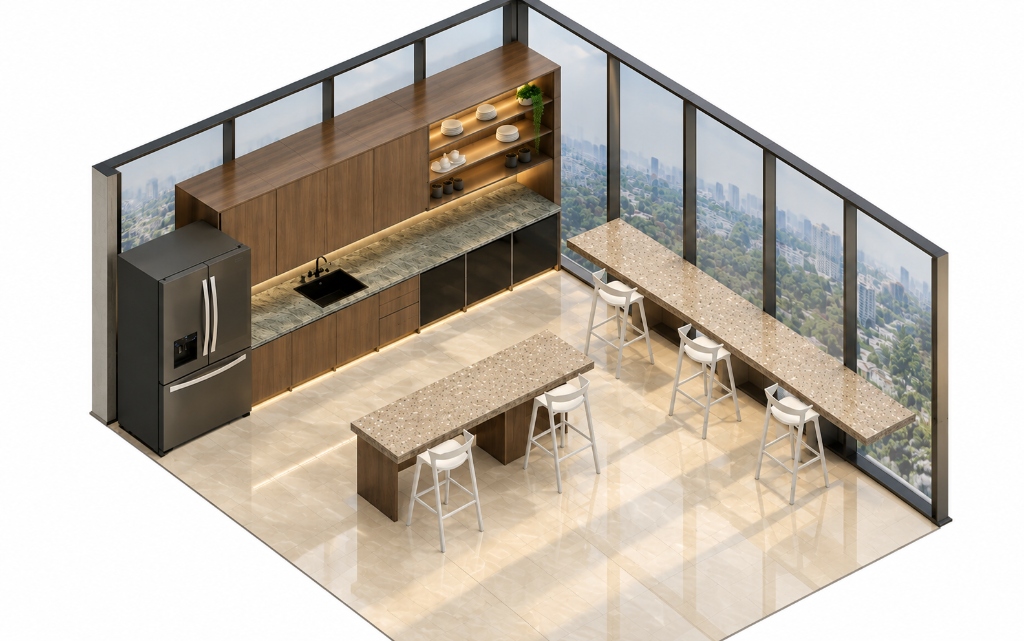 Render Isométrico Cafetería Corporativa Rivers Mall
